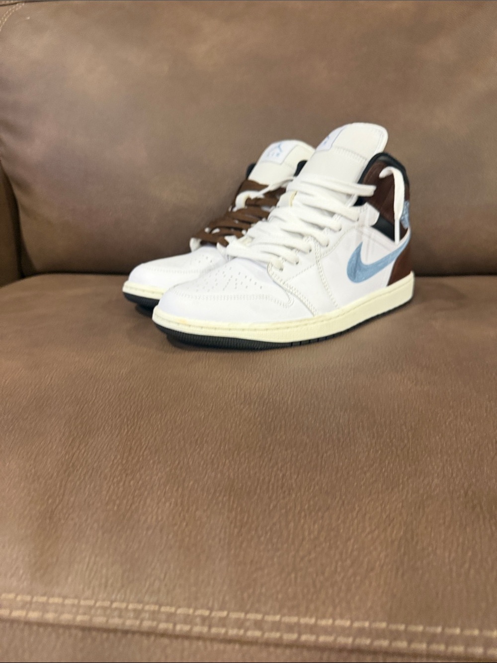 Jordan Mid Sneakers in White, Brown and Light Blue - Picture 7 of 9